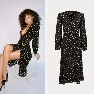 Réalisation Par | Black/White Polka Dot Long-Sleeve Wrap Midi Dress Size M